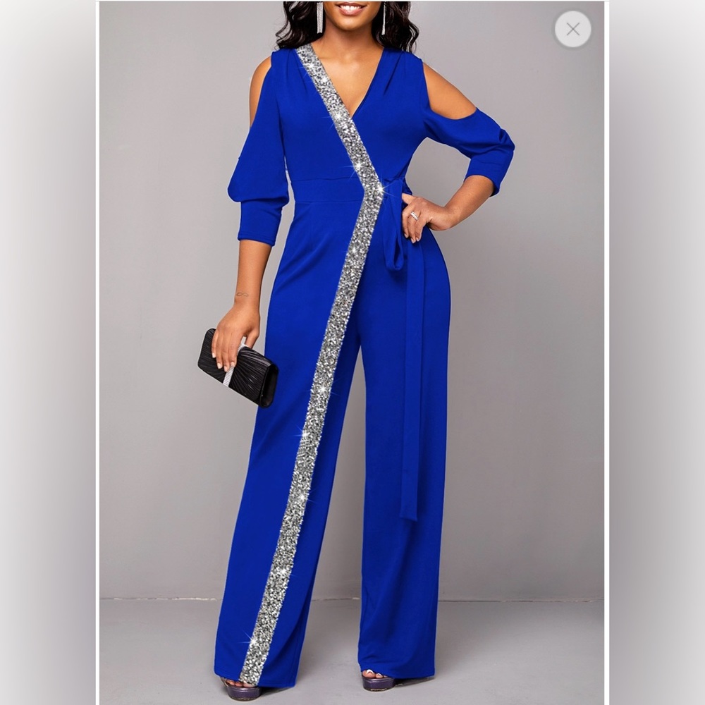 Rosewe Royal Blue Sequin V Neck Jumpsuit size XL